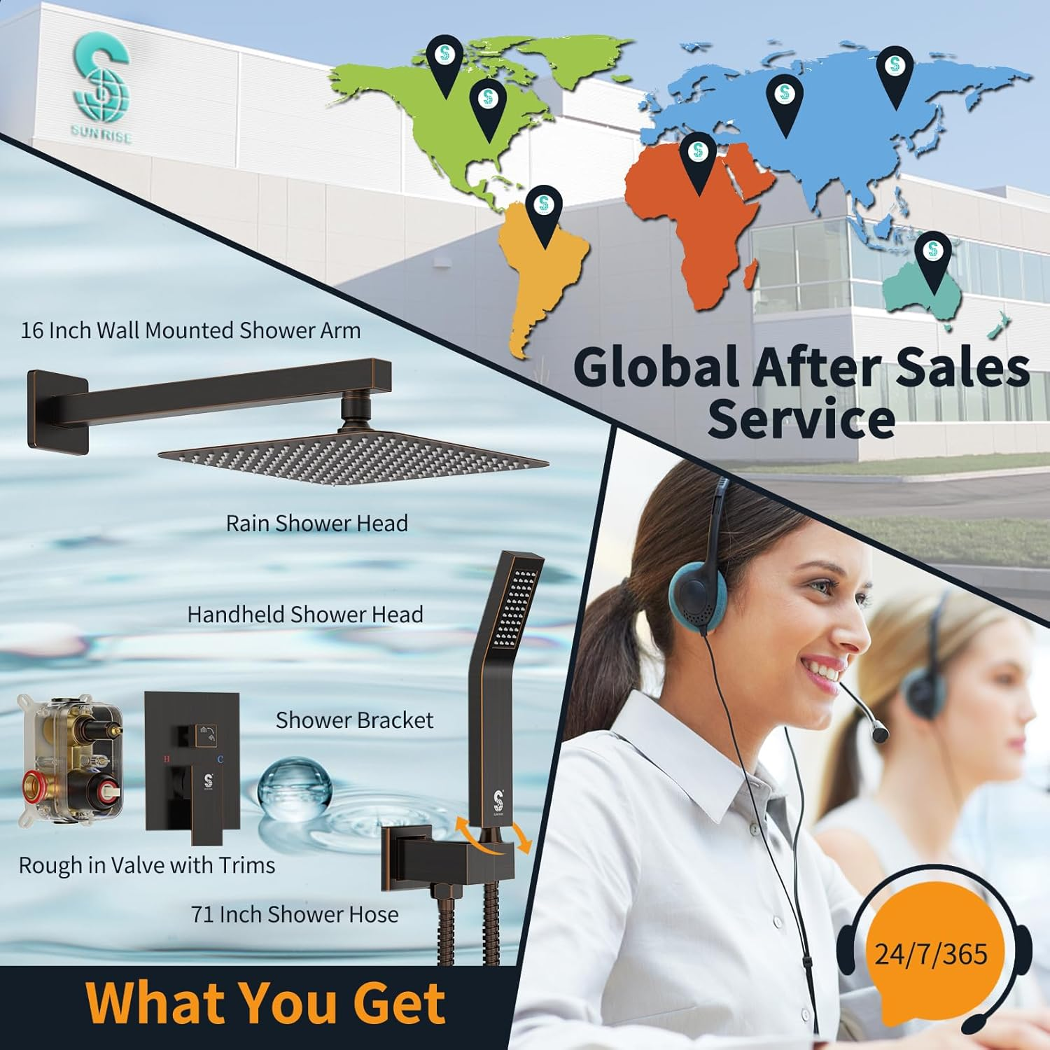 SR SUN RISE 10-Inch Square Rain Shower Faucet Set with Handheld Spray