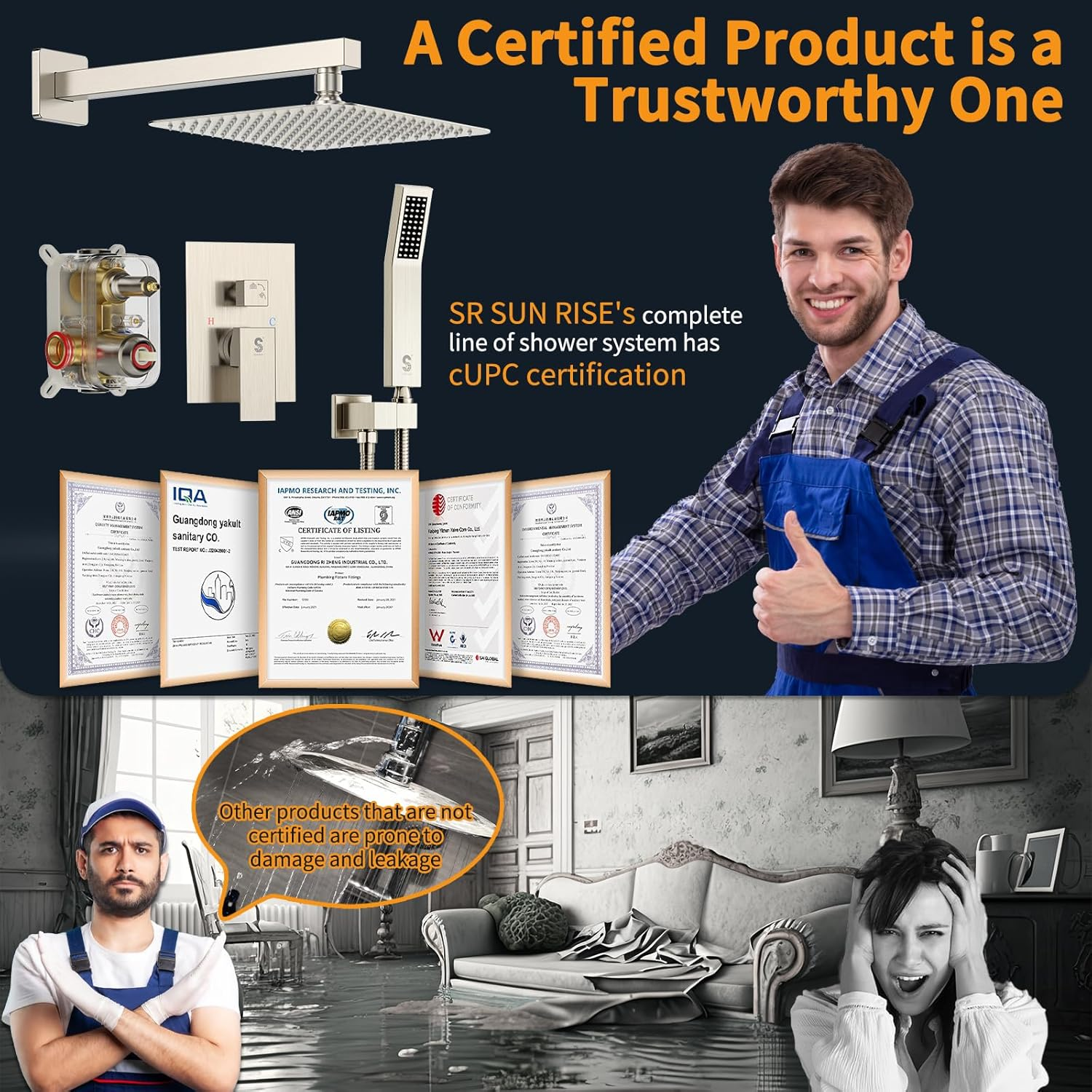 SR SUN RISE 10-Inch Square Rain Shower Faucet Set with Handheld Spray