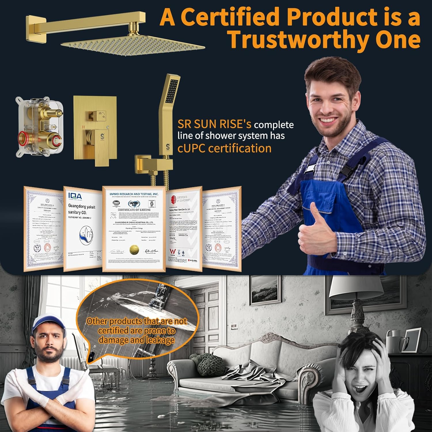 SR SUN RISE 10-Inch Square Rain Shower Faucet Set with Handheld Spray