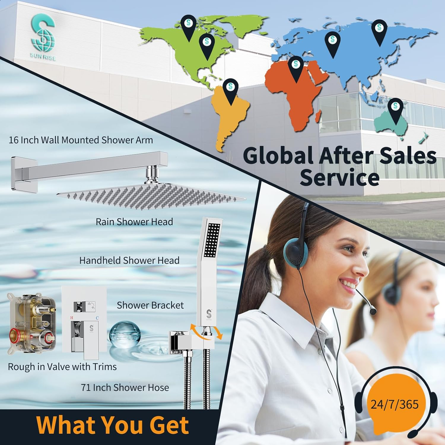 SR SUN RISE 10-Inch Square Rain Shower Faucet Set with Handheld Spray