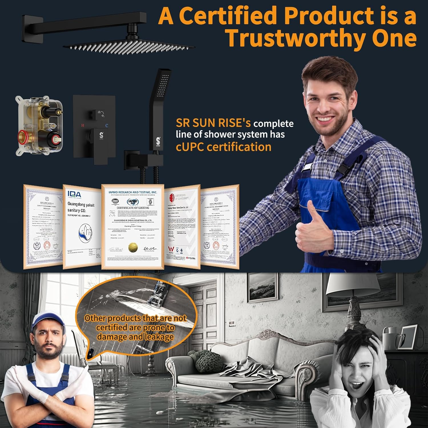 SR SUN RISE 10-Inch Square Rain Shower Faucet Set with Handheld Spray