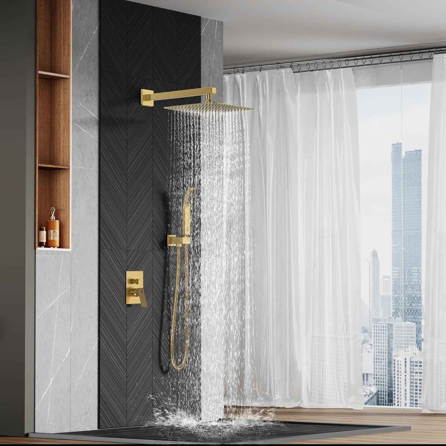 SR SUN RISE 10-Inch Square Rain Shower Faucet Set with Handheld Spray