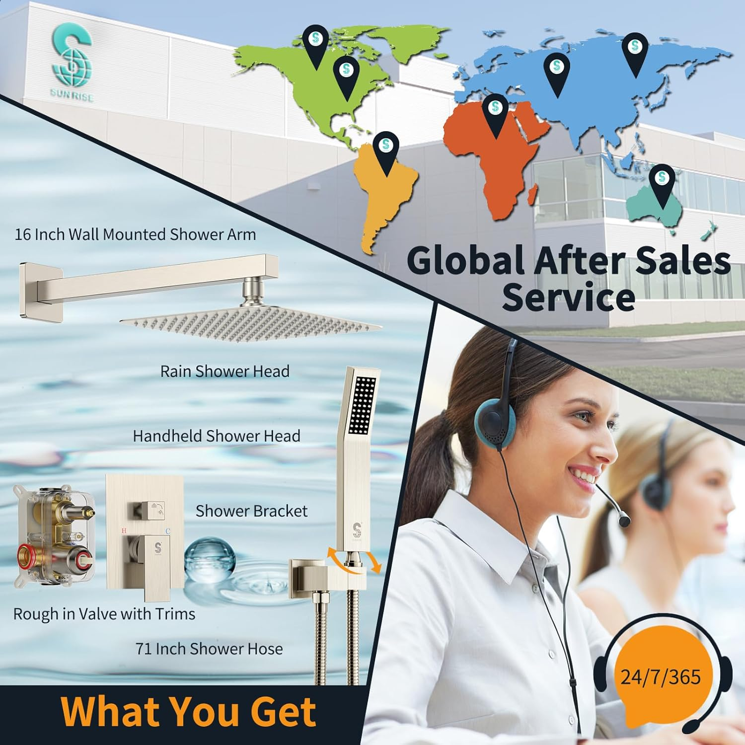 SR SUN RISE 10-Inch Square Rain Shower Faucet Set with Handheld Spray