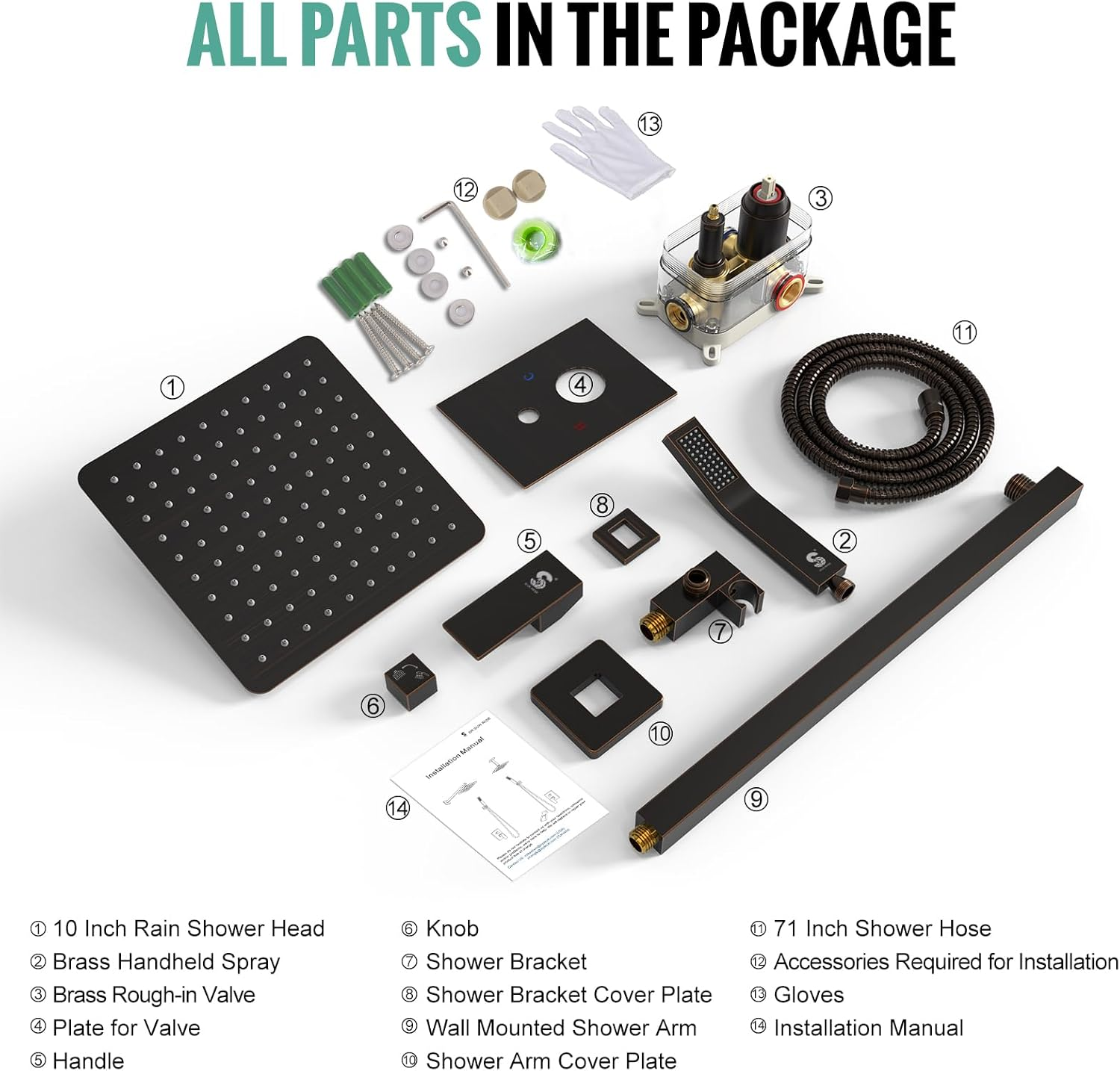 SR SUN RISE 10-Inch Square Rain Shower Faucet Set with Handheld Spray