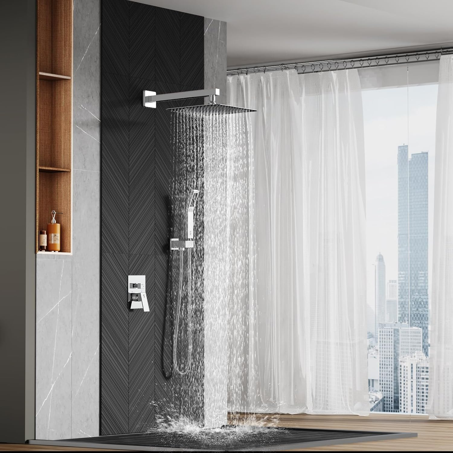 SR SUN RISE 10-Inch Square Rain Shower Faucet Set with Handheld Spray