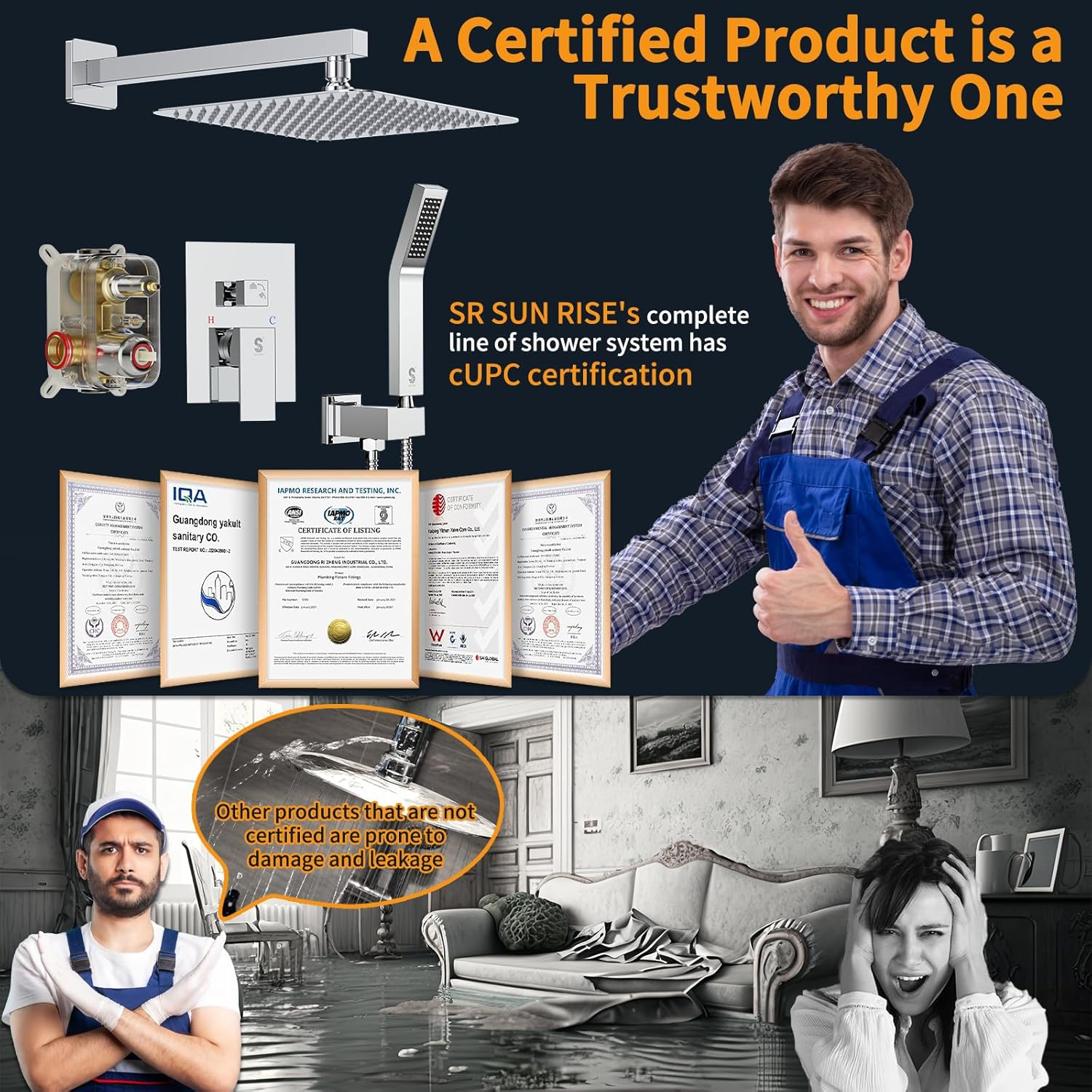 SR SUN RISE 10-Inch Square Rain Shower Faucet Set with Handheld Spray