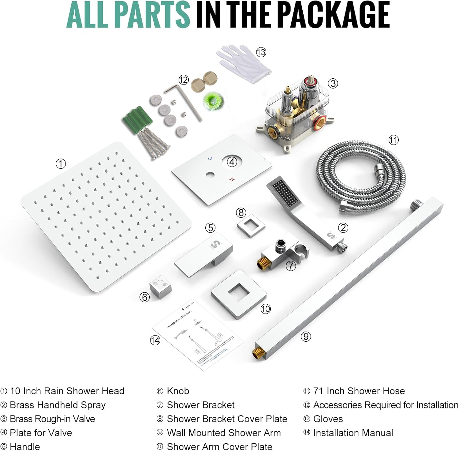 SR SUN RISE 10-Inch Square Rain Shower Faucet Set with Handheld Spray